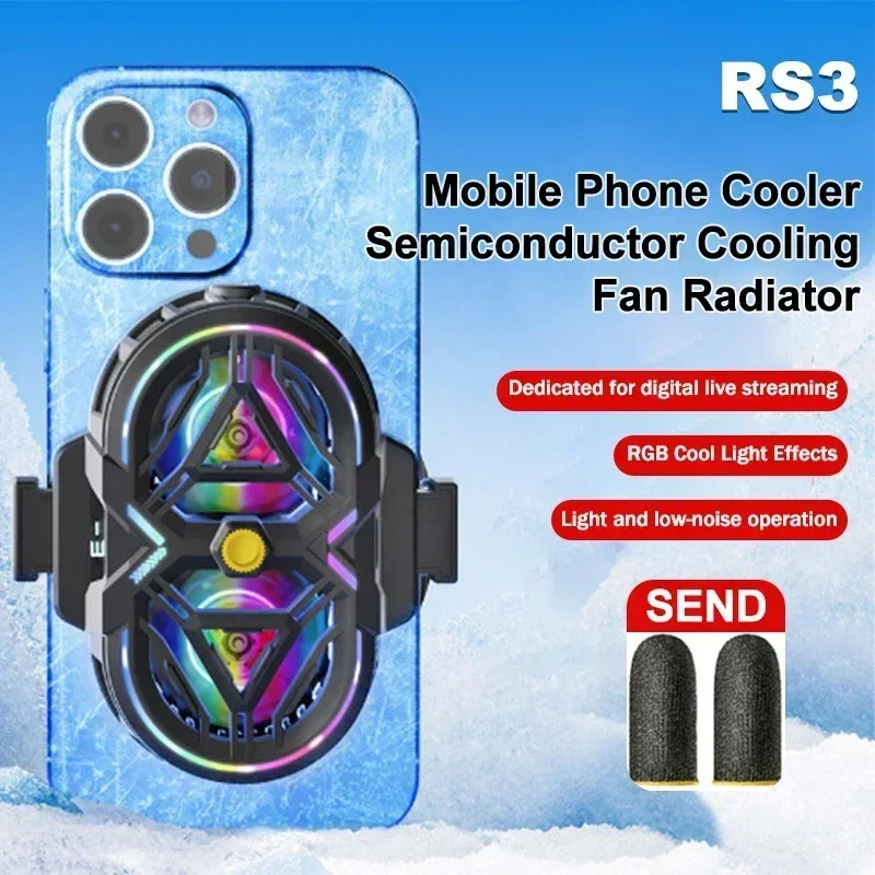 

RS3 Live Streaming Mobile Phone Cooler Dual Core Semiconductor Cooling Fan Radiator 3 Gear Adjustable Heat Sink for IOS Android