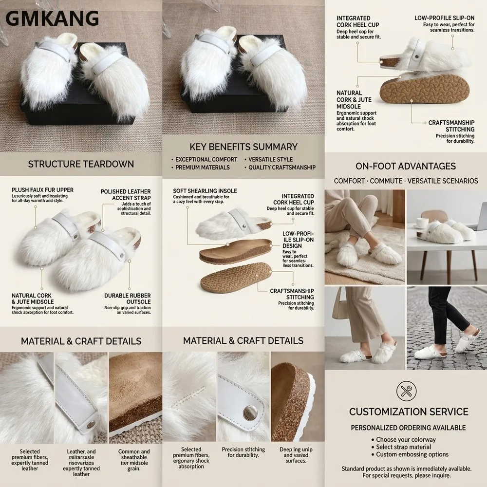 Furry Mules for Women Leather Strap Cork Sole Warm Lined Slide Sandals Cozy Indoor Outdoor House Slippers Comfort