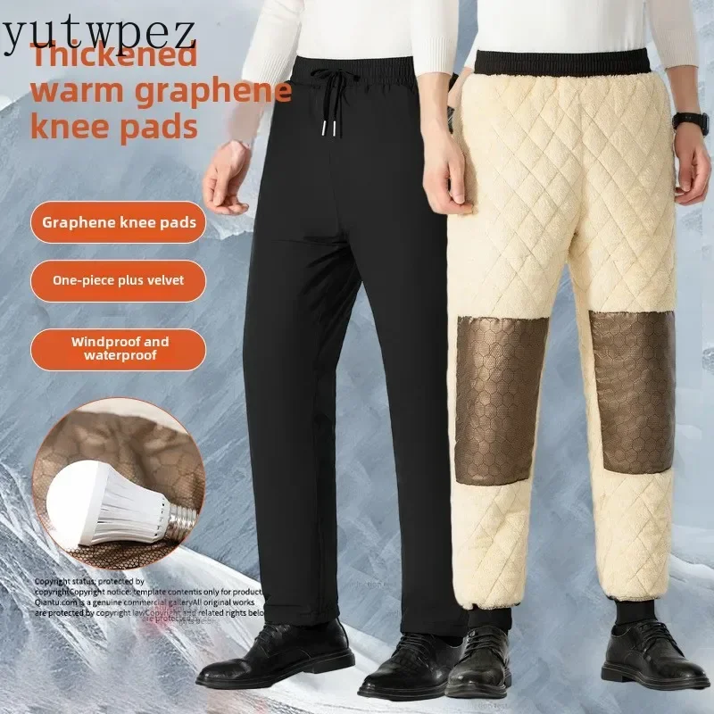 Men's Winter Skiing Lambswool Casual Pants Fleece-lined Thickened Kneecap Cotton-Padded Trousers Hiking Outdoor Sports Camping