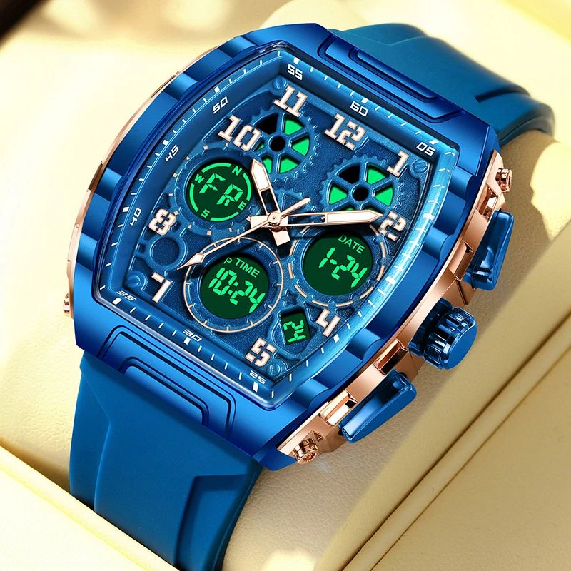 

FOXBOX новые роскошные квадратные цифровые часы для мужчин, синие силиконовые водонепроницаемые светящиеся мужские часы, модные спортивные кварцевые хронографы