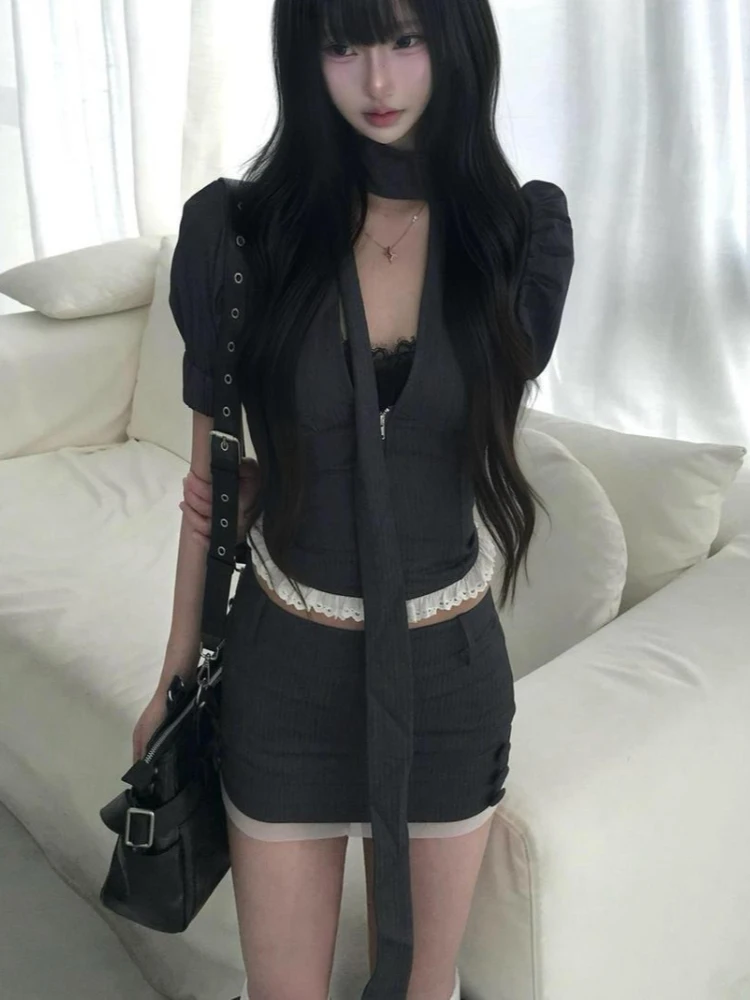 Korean Vintage Y2K 2 Piece Set Women Puff Sleeve Pinstripe Lace Trim Crop Top High Waist Mini Skirt Slim Fit Party Outfits 2026