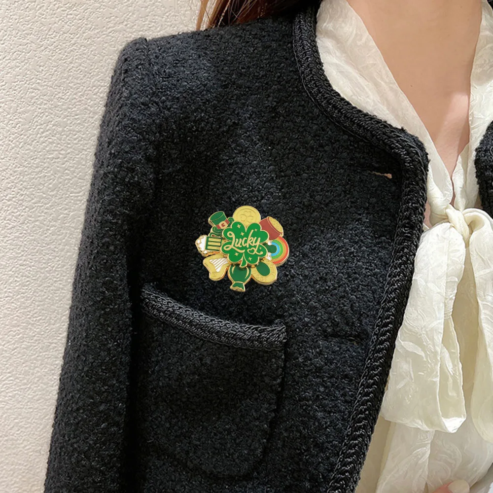 St. Patrick's Day Glücksbringer Vierblättriges Kleeblatt Brosche Irischer Feenhut Regenbogen Goldmünze Harfe Abzeichen Schmuck und Accessoires Geschenk – Detail 9