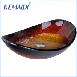 KEMAIDI New Bathroom Oval Tempered Glass Basin Vessel Vanity Sink Bowl With Pop Up Drain Bathroom Sink Basin Faucet Tap