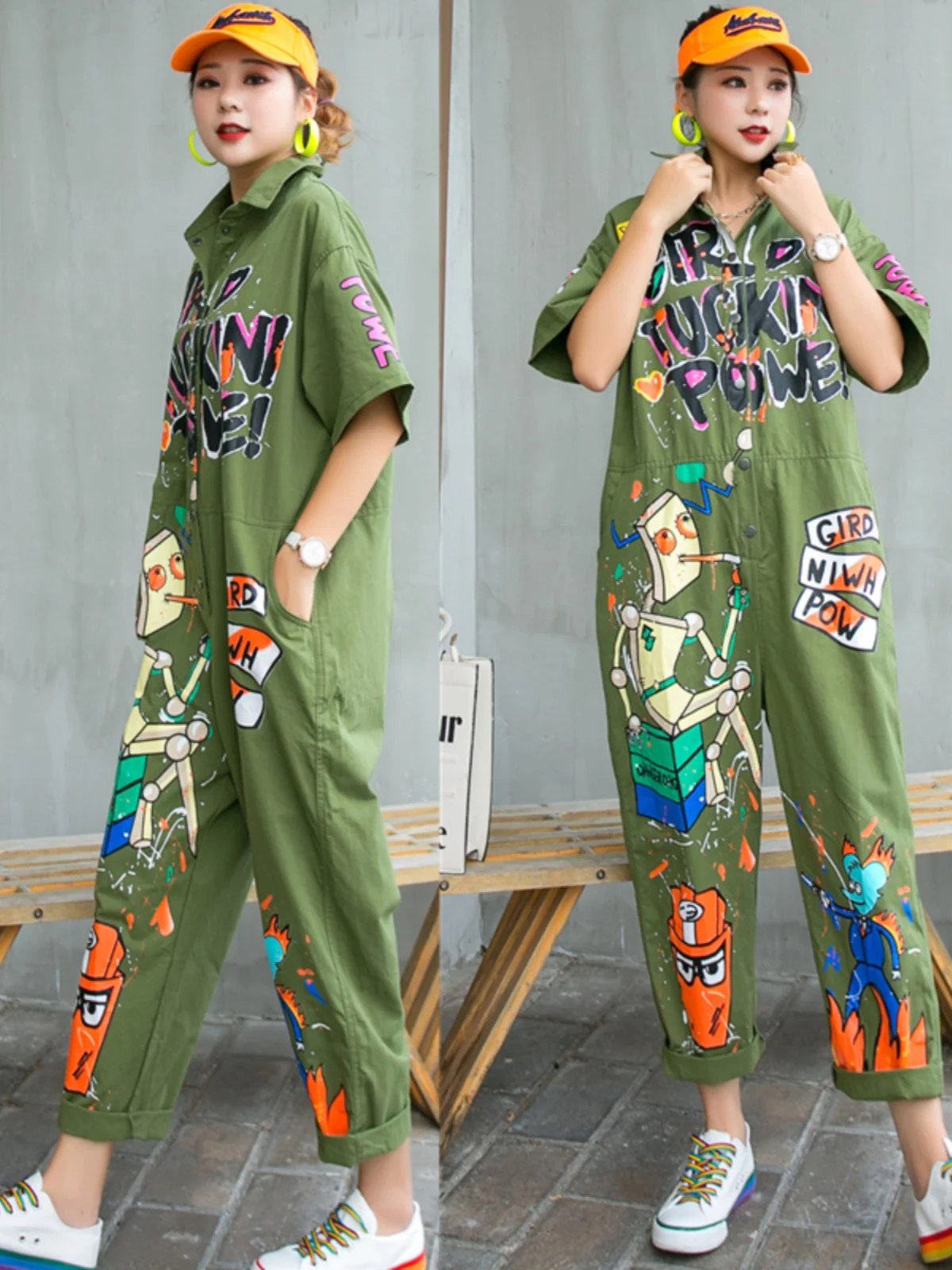 Faionable Streetwear Overall Pants Loose Fit fiti Print Hip Hop Sle Slimming Nine-Quarter Length Women's Clothing