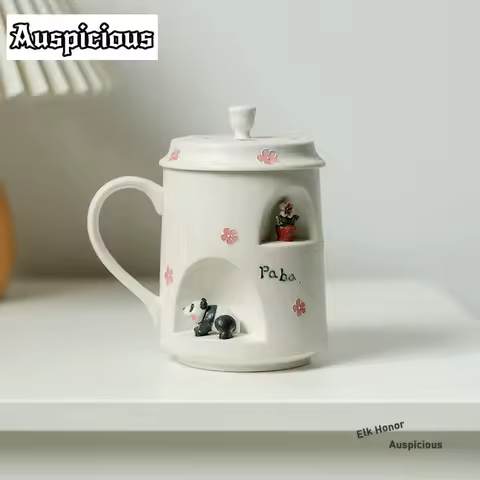 450ml Rock Mineral White 3D Panda Coffee Mug Couple Handgrip Cup Afternoon Tea Mug Master Office Water Cup With Lid Teaware Gift