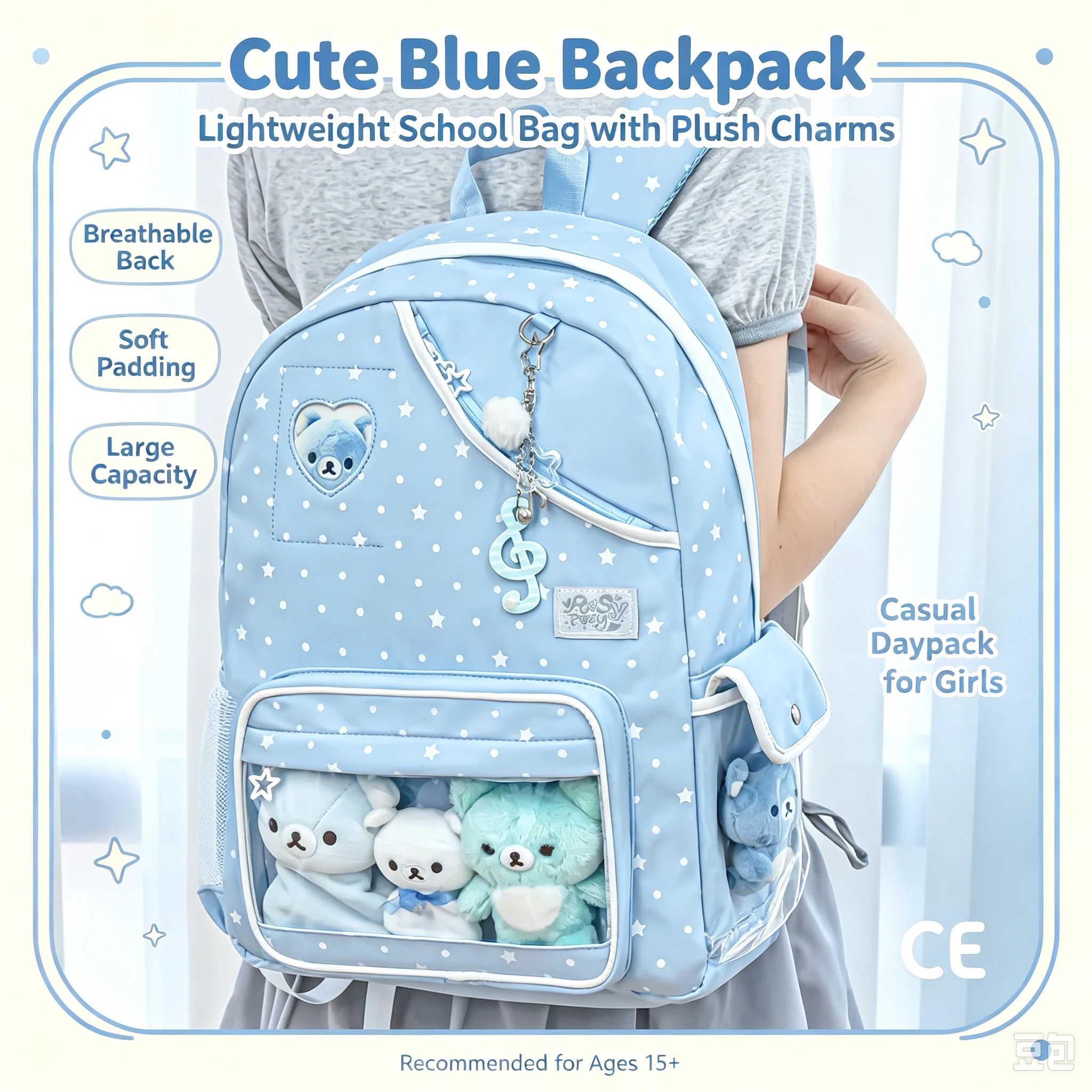 RosyPosy Polka Dot Backpack Korean Style Transparent Ita Bag Daily Commute Travel Daypack For Women