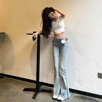 Blaue Bell-Bottom-Schlagjeans für Damen mit Taschen, Hose mit niedriger Taille, Hose für Damen, Flare Xxl, Büro, lebendige Loosefit, Z R