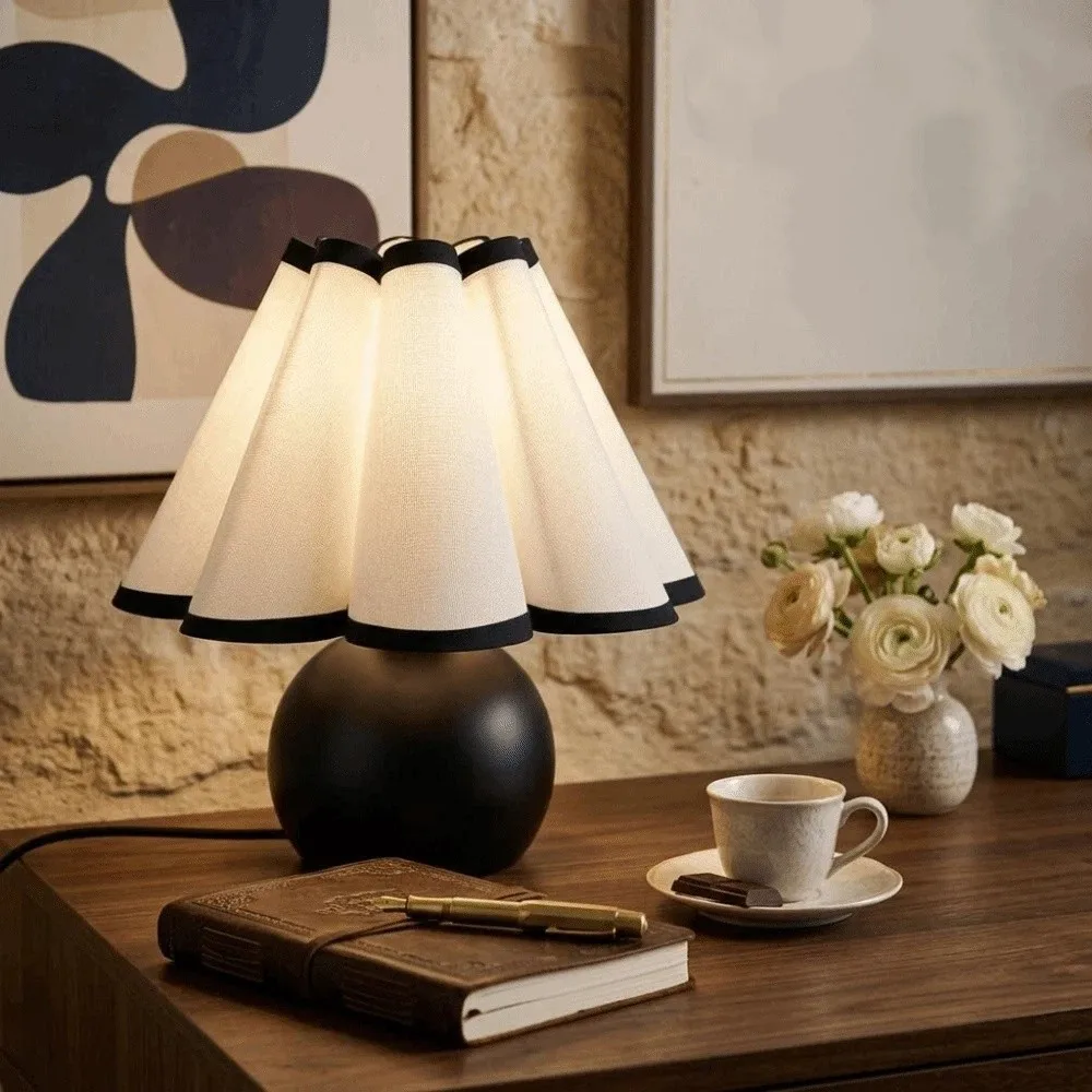 Rechargeable Bedside Lamp Brass Gold Linen Petal Shade Night Light Warm Ambient Lighting Pleated Shade Table Lamp