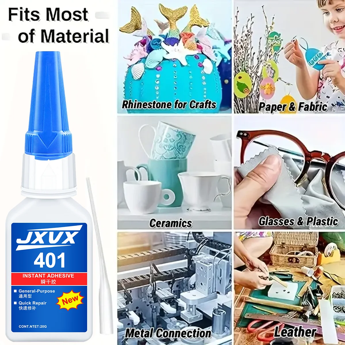 Neuer und aktualisierter 401 Super Acrylate Klebstoff, 5 Sekunden Instant Trocknen, Wasserdichtig, gute Stabilität, Vollklebwerkzeug. Geeignet für Holz, Kunststoff, Keramik, Metall, Gummi usw.