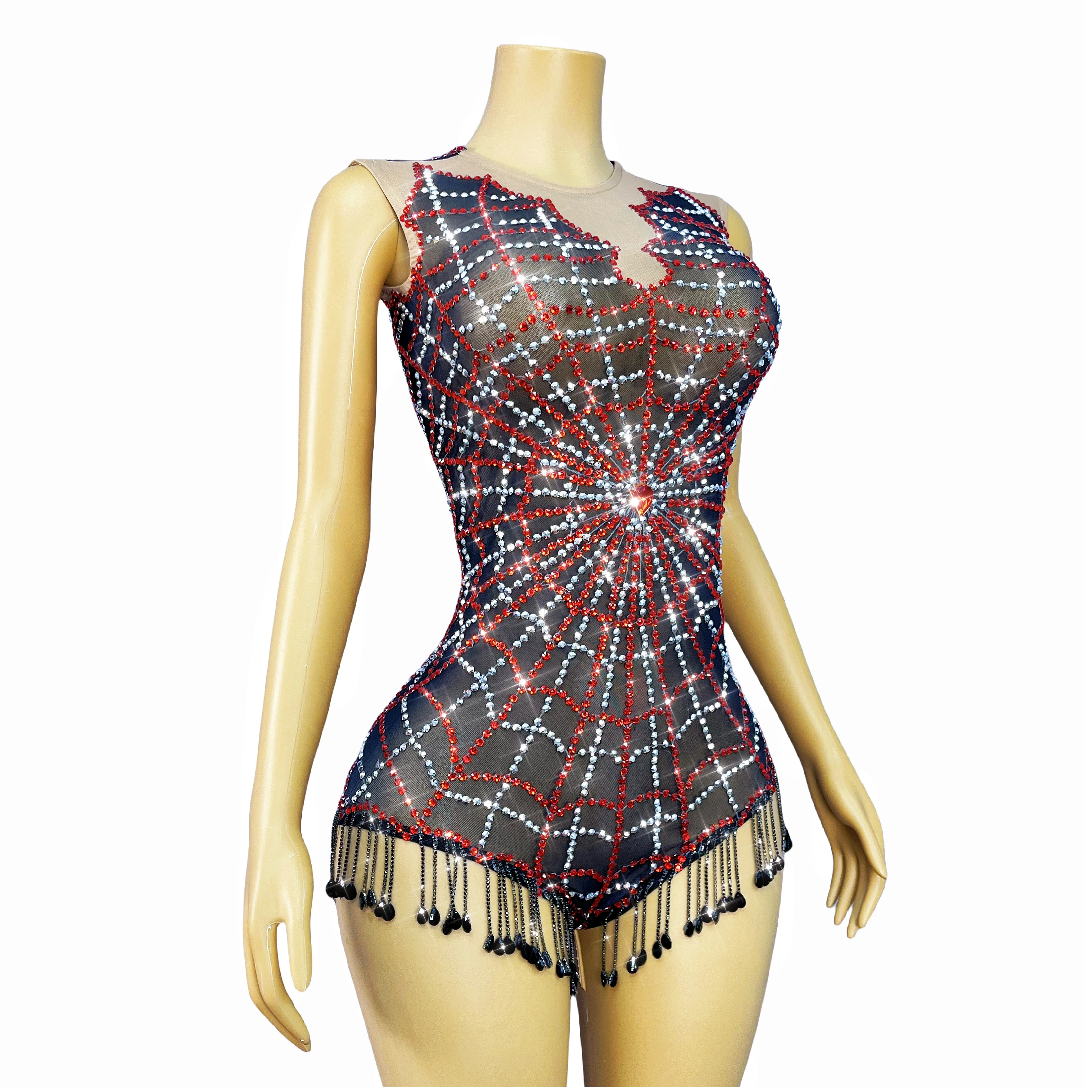 Moda teia de aranha projetada strass cintilantes malha garfos altos desempenho de halloween festa de férias celebrar roupa hongzhizh