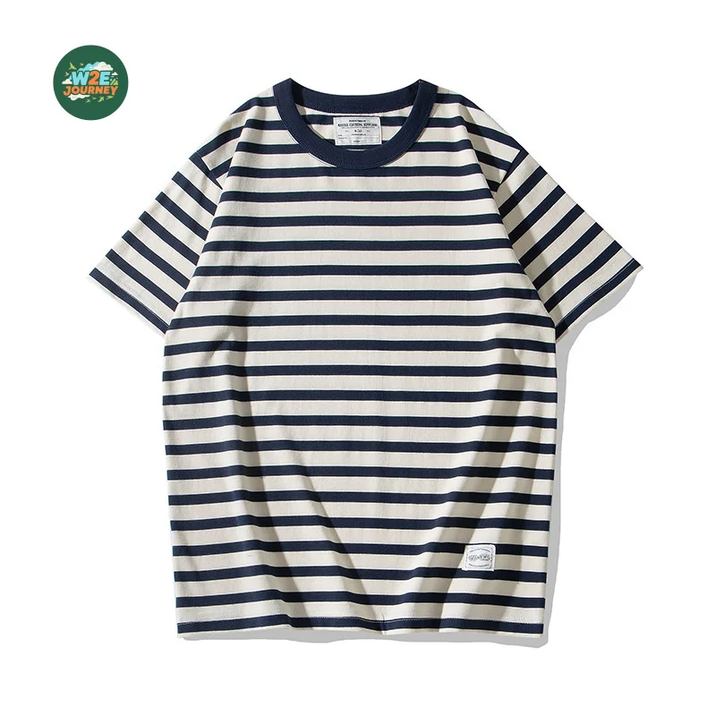 W2EJOURNEY قسط جودة الاتحاد الأوروبي الولايات المتحدة حجم 230 جرام الوزن الثقيل سميكة الجولة الرقبة تي شيرت خمر العمل الرجعية مخطط تي شيرتات قصيرة الاكمام #6