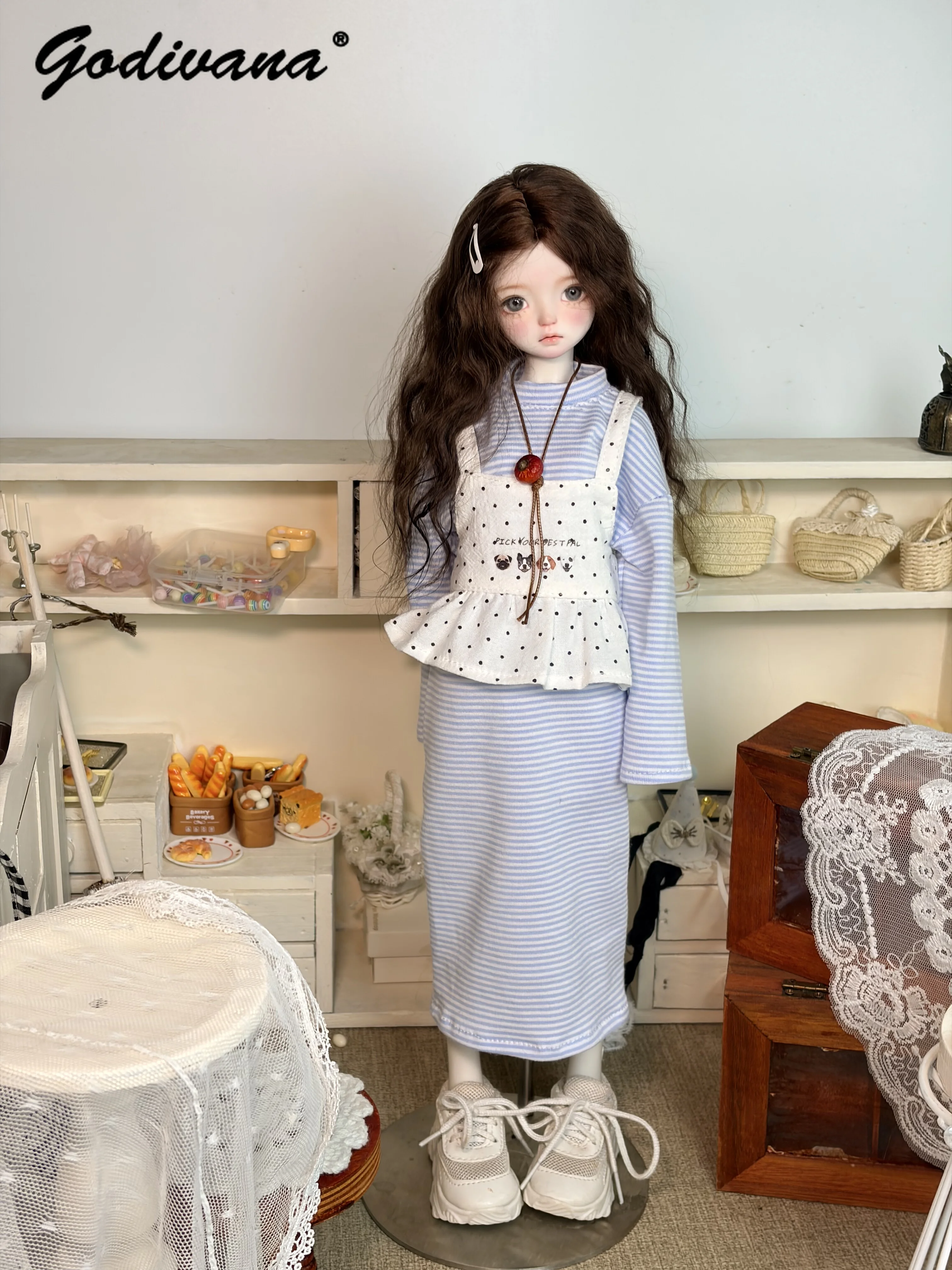 1/4 BJD Doll Clothes Set Cute Striped Long Sleeve Maxi Dress with Polka‑dot Embroidered Vest Apron Casual 2‑Piece Daily Outfit