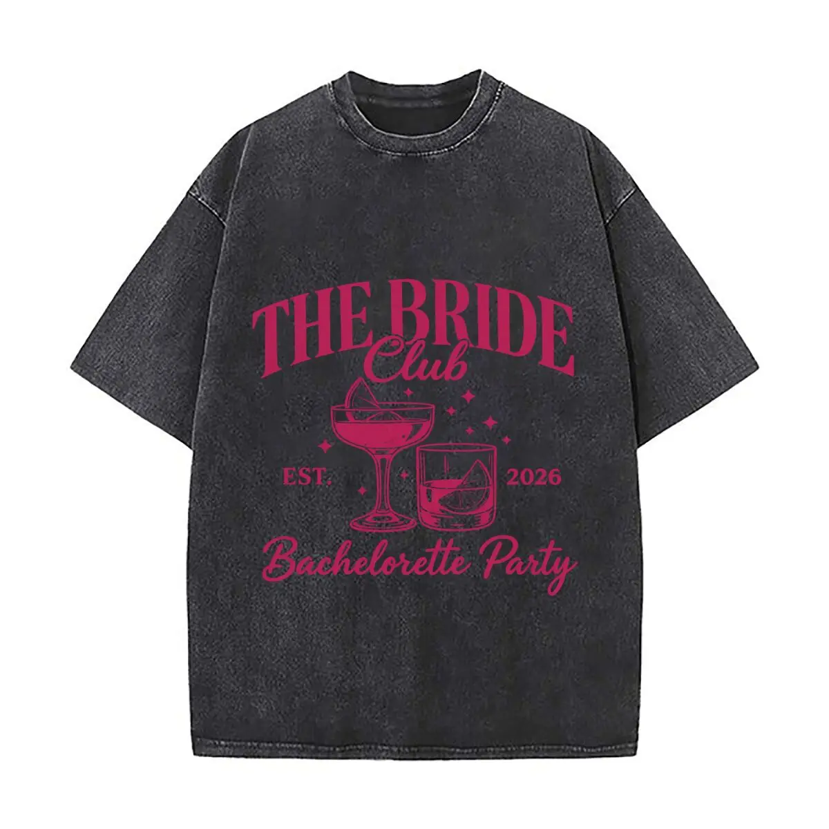 The Bride Club Est 2026 Bachelorette Party Cocktail Glasses Washed Short Sleeve Loose Streetwear Tee Hip Hop
