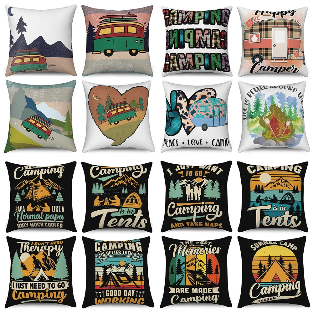 Decorative Cushion Covers Camping Bus Printed Pillow  Home Sofa Throw