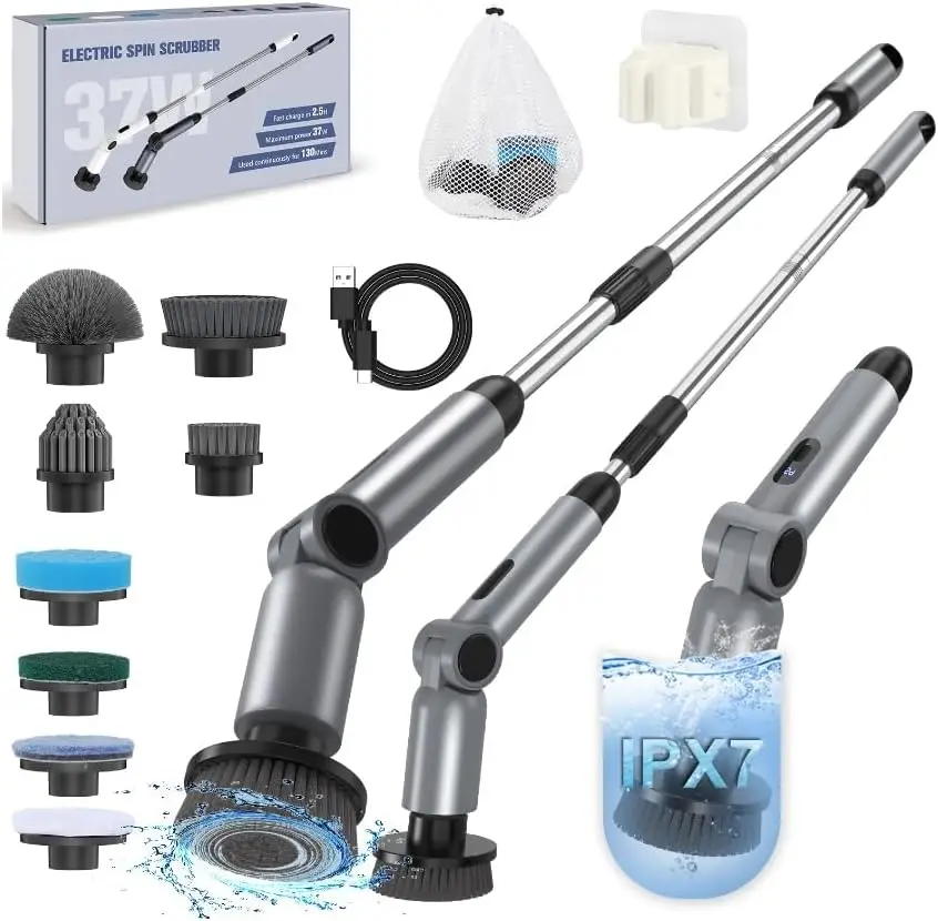 منظف دوار كهربائي، مقاوم للماء IPX7، عزم دوران 50 كجم، 9 رؤوس فرشاة، سرعتان، 4 زوايا، لبلاط أرضية الحمام (رمادي) #1