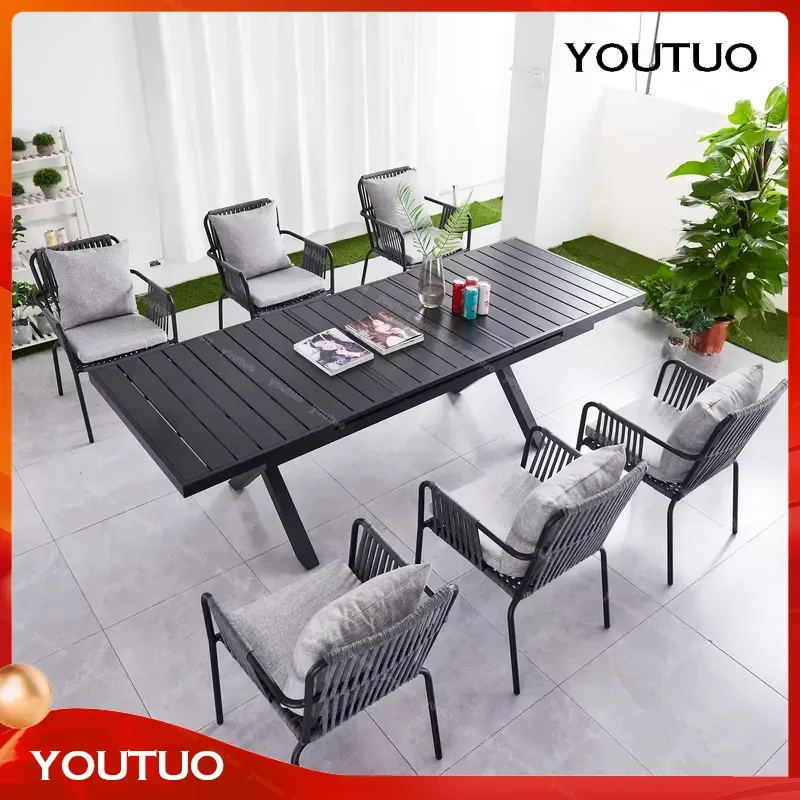 for 180-240cm Extendable Dining Table Set Aluminum Leg Plastic Wood Top Outdoor Garden Courtyard Furniture Rope Rattan Chair