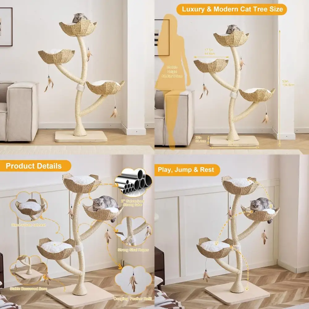

"elegant 52-inch cat tree tower for large cats | premium scratching posts with woven baskets and mats | deluxe multi-level cat c