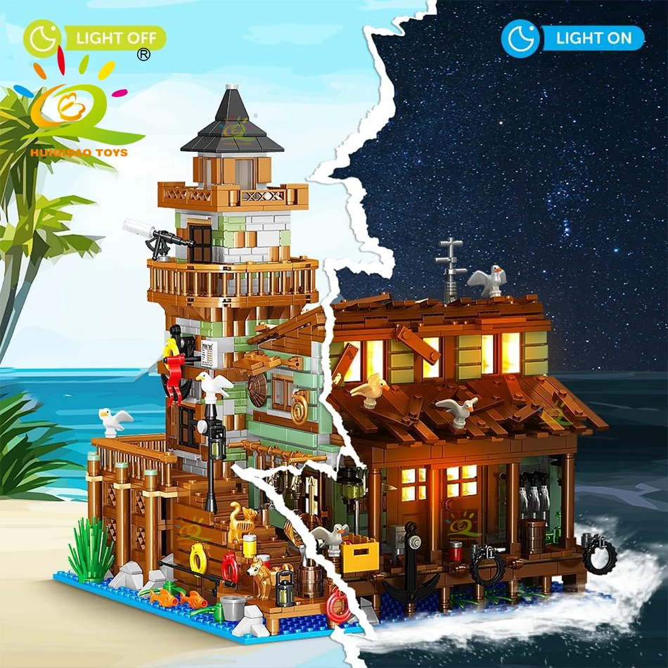 HUIQIBAO City MINI Fishing Village Cabin Micro Building Blocks DIY Fish House Pier With Liight Set Bricks Toys Children Adult