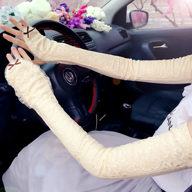 Длинные кружевные сексуальные полые перчатки без пальцев, солнцезащитные рукава, женские сетчатые тонкие велосипедные солнцезащитные варежки, аксессуары