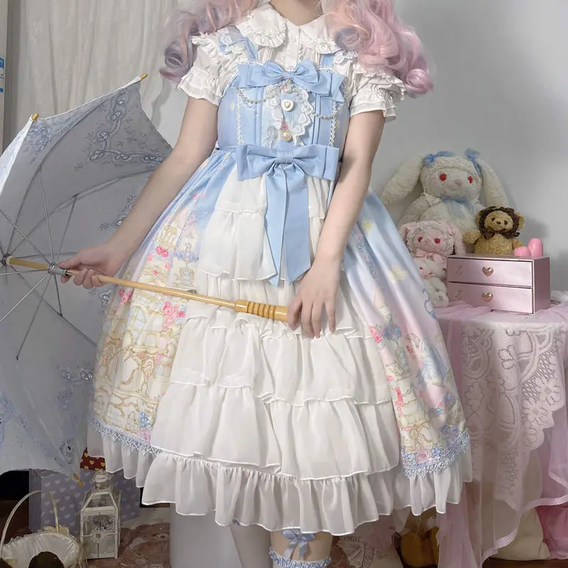 Sweet Jsk Lolita Dress Summer New Elegant Princess Bow Ruffle Spaghetti Strap Dresses Women Tea Party Kawaii Cute Clothing