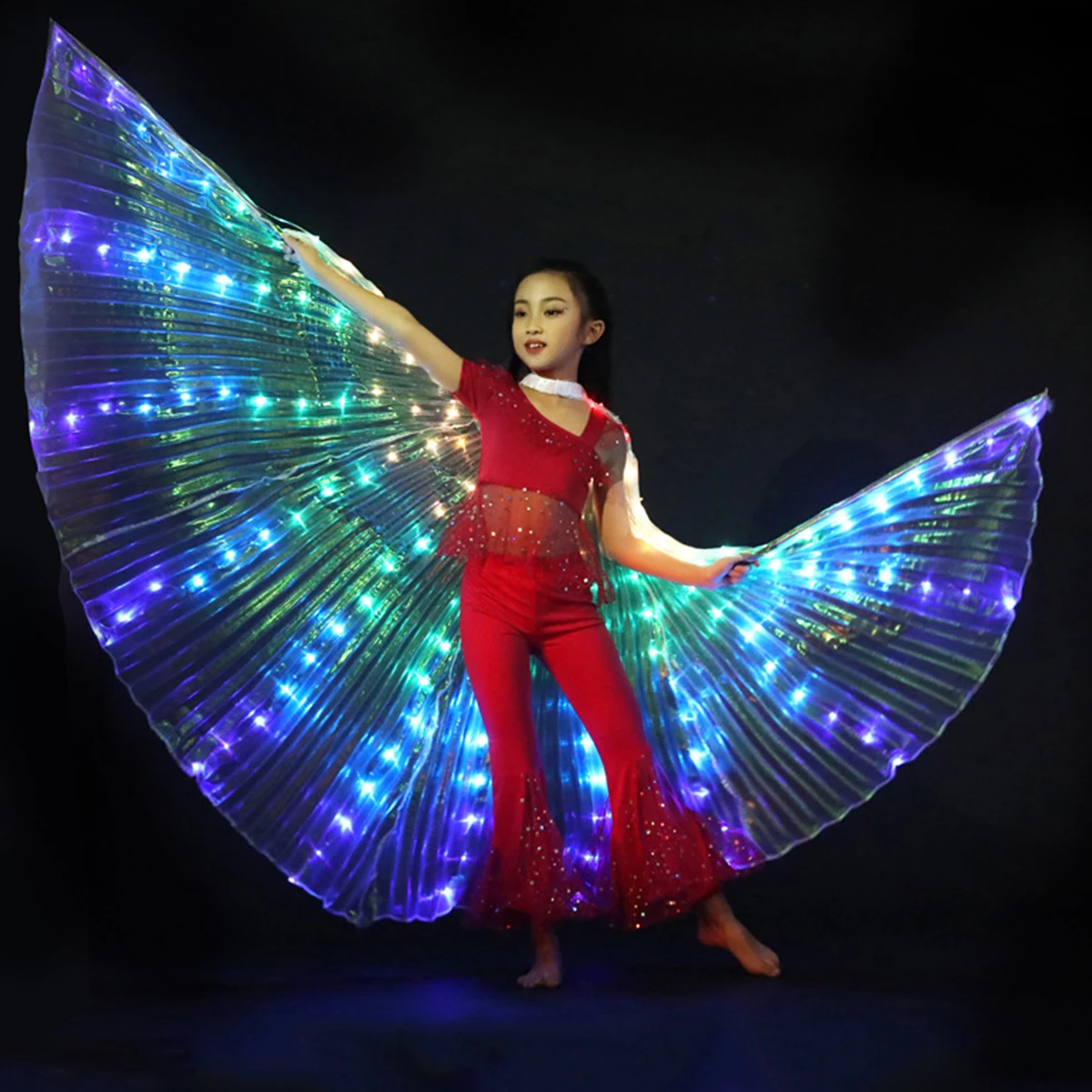 LED Isis Wings Belly Dance Wings Colorful LED Butterfly Wings w/ Telescopic Sticks Glowing Light Up Costume Performance Clothing