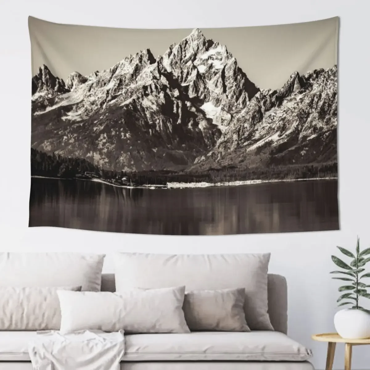 

Mountains Forest Oxbow Bend Nature Landscapes - Black and White Grand Tetons National Park Tapestry