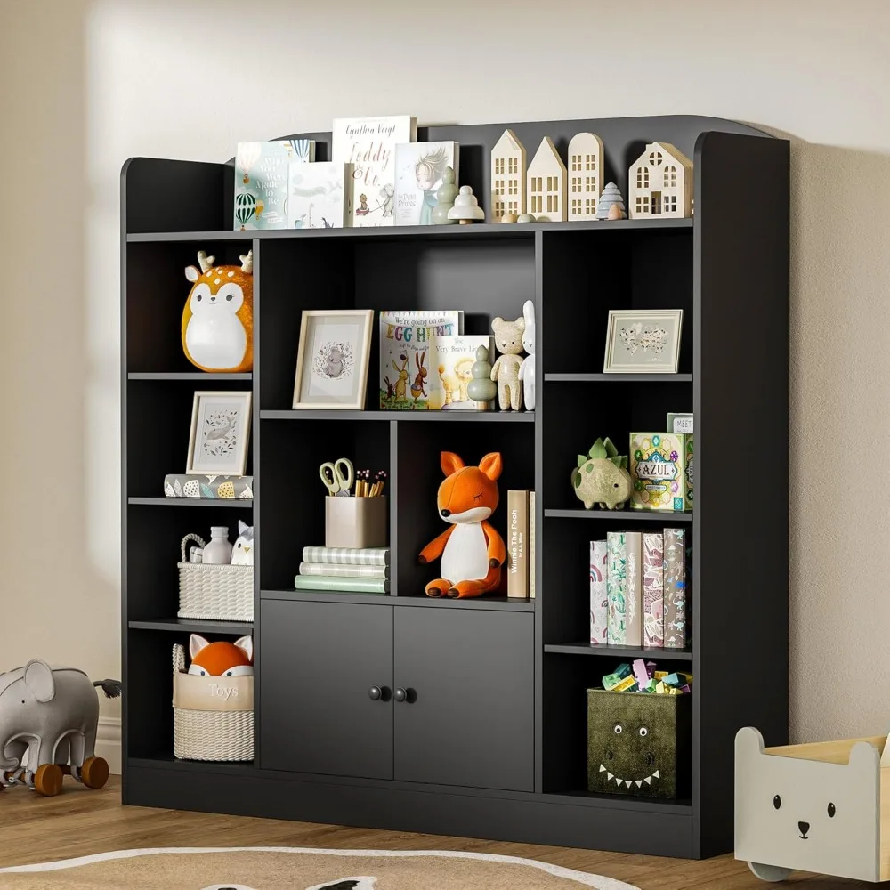 Black Kids Bookshelf, Display Bookcase with 11 Cubbies and 2 Cabinets, Freestanding Book Storage Shelves for Bedroom, Playroom,