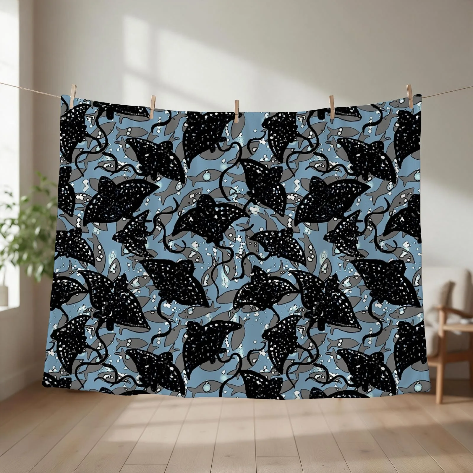 Black Spotted Eagle Ray School of Fish Pattern Throw Blanket Cute Plaid Heavy Flannel decorative Blankets