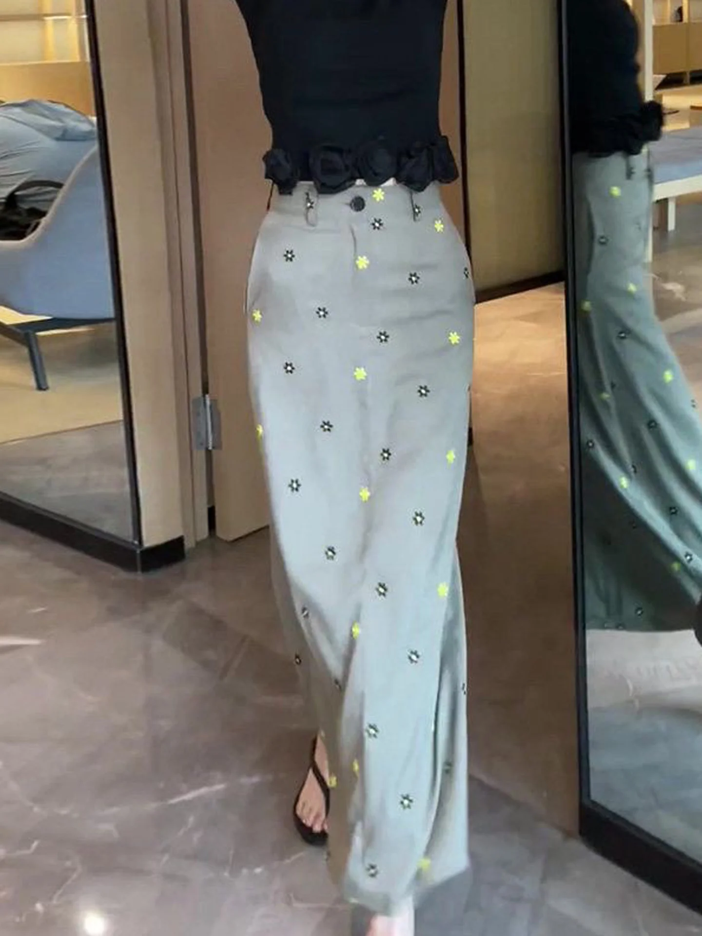 Green Floral Print High Waist Straight Cut Long Skirt Women's Fashion Spring Autumn Seasonal High Split Design Versatile Skirt