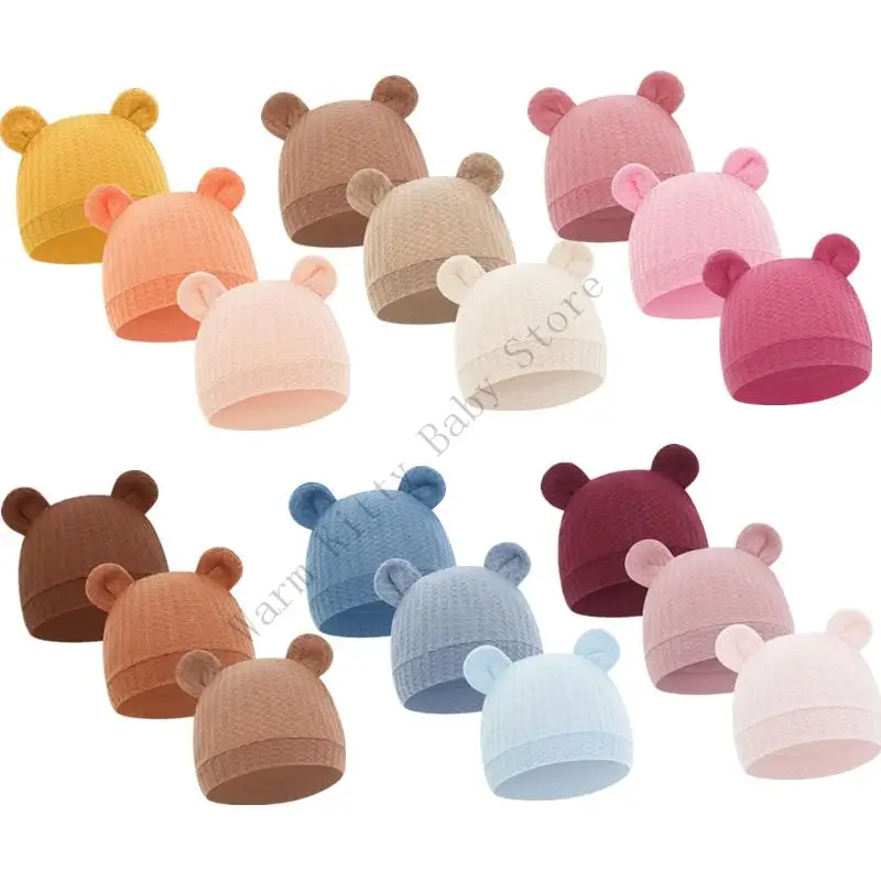 

3pcs Soft Cotton Knitted Baby Cap Bear Ear Newborn Boys Girls Hospital Bonnet For 0-3 Months Baby Hat