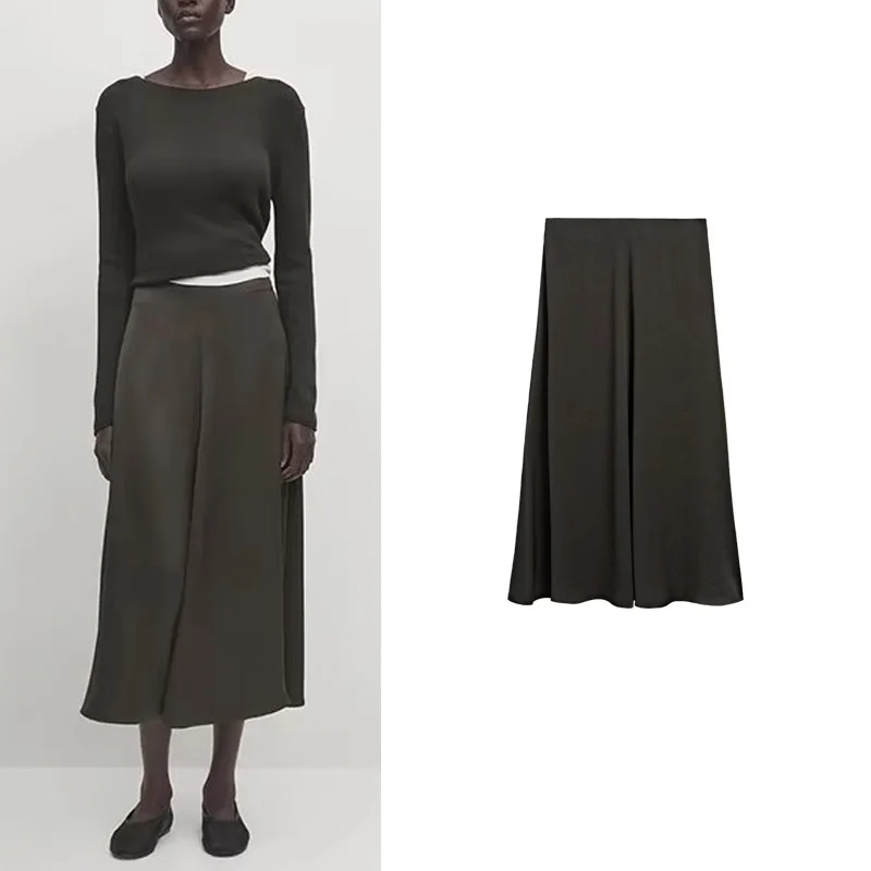 

Ele Satin Mid-Length A-Line Skirt Wide Hem Midi Skirt New Design Women's Faion High Waist Polyester Fiber 00%