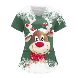 Uniformes de enfermera navideños para mujer, ropa de trabajo con cuello en V y manga corta estampada con bolsillo, ropa de trabajo para enfermera, monos, uniformes médicos