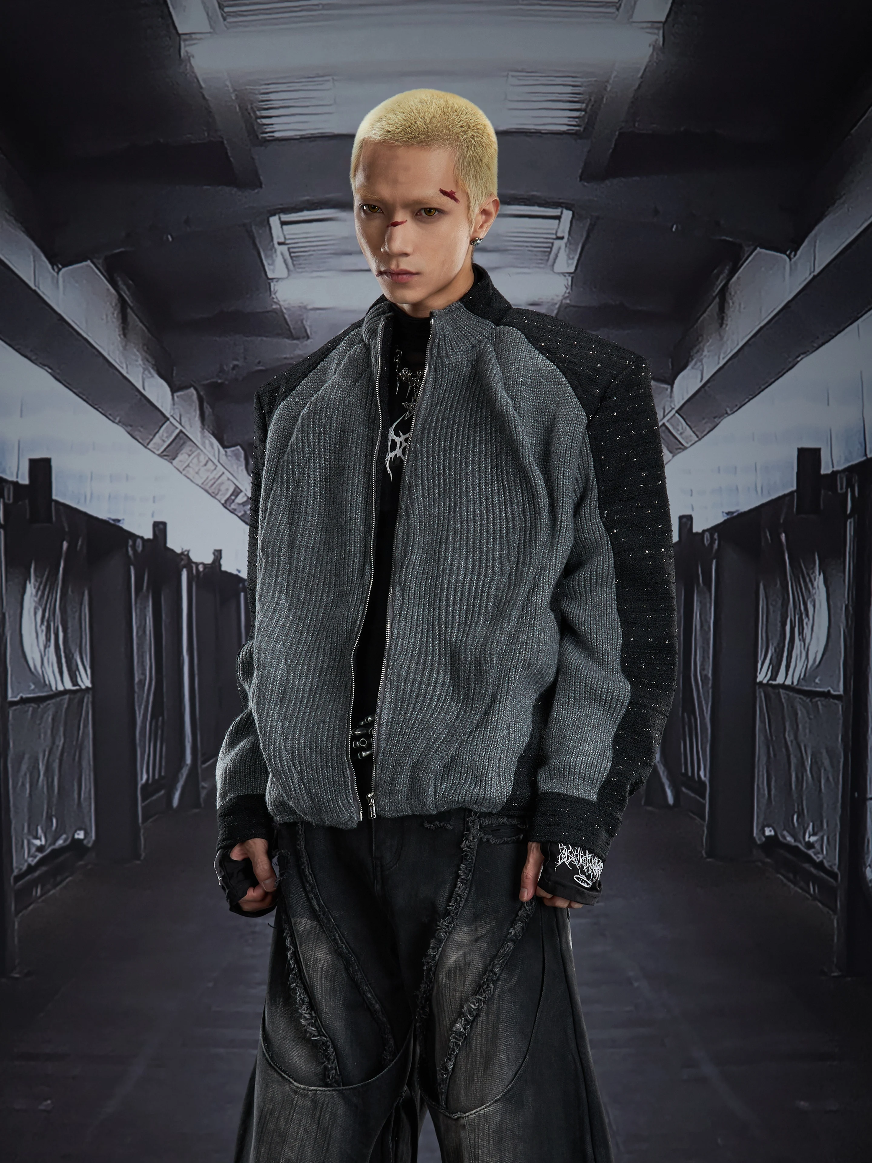 Color Contrast Patchwork Deconstructing Starry Zipper Cardigan Outerwear Thick Warm Cotton-Padded Jacket Cotton Coat