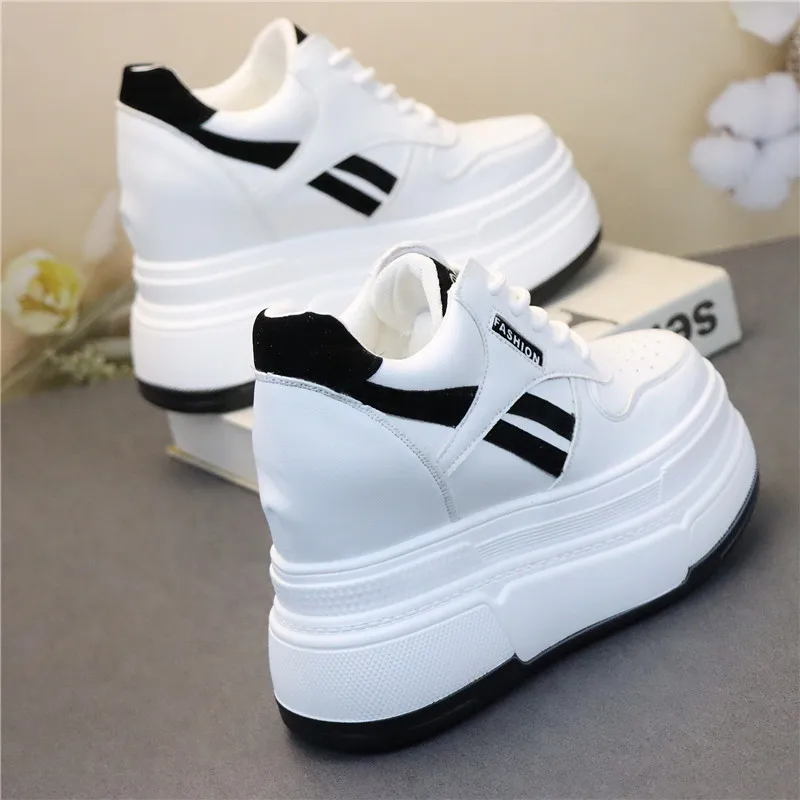 Genuine Leather Flats Casual Sneakers Women 12CM Chunky Platform Sports Shoes Ladies High Heels Designer Tennis Thick Bottom