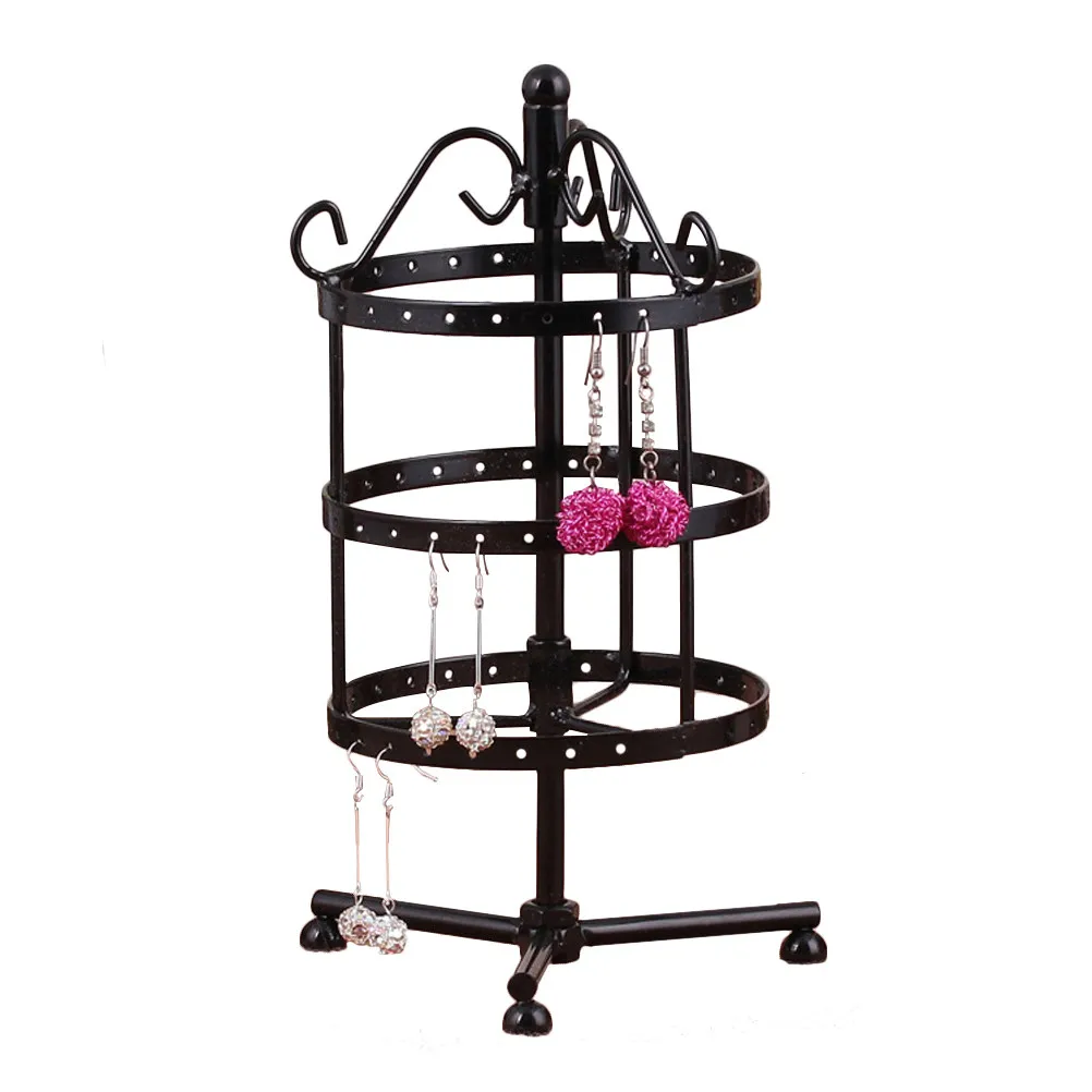 3-Tier 72 Holes Round Earrings Display Stand Black Metal Rotating Jewelry Holder Rack Size S Suitable for Store Home
