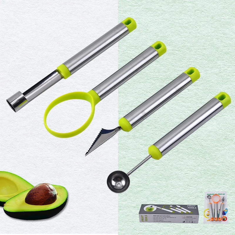 4Pcs/set Stainless Steel Fruit Tool Set Watermelon Ball Scoop Apple Corer Remover Fruit Carving Knife Fruit Pulp Separator Tools