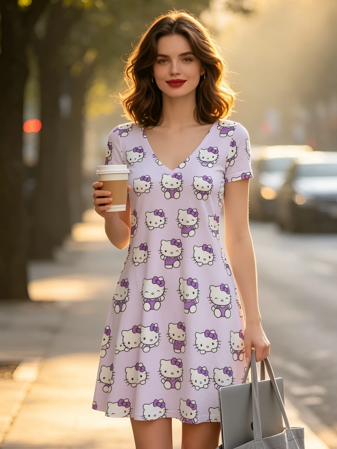 

Cartoon Women's V Neck Dress Chic Dresses Woman Clothes 2026 New High Quality Hello Kitty Print Dress Party Streetwear Skirts