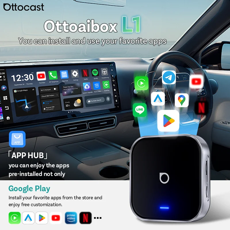 OTTOCAST L1 Carplay AI Box Kabelloser Carplay Android Auto Adapter 4+64GB QCM 6115 Video-Box für Netflix Youtube Google Play