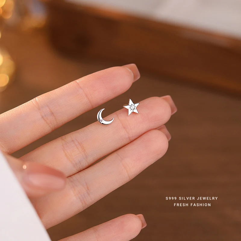 INZATT Real 925 Sterling Silver Zircon Star Moon Mini Stud Earrings for Women Fine Jewelry Light Luxury Asymmetry Accessories