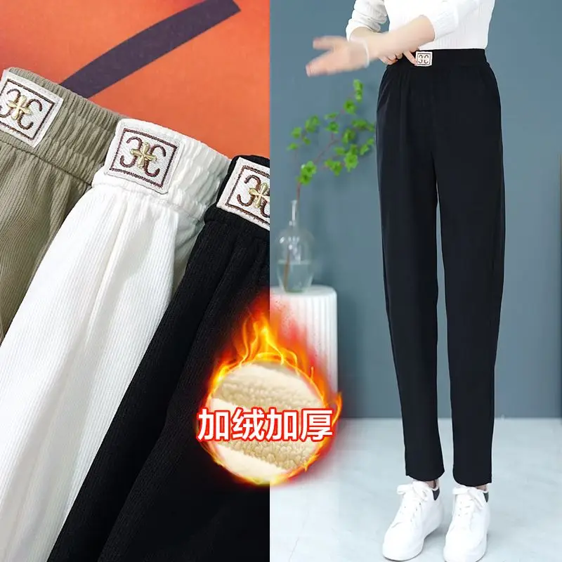 

Women's Autumn and Winter New Fashion Simple Solid Color Pockets Korean Versatile Loose High Waist Plush Bound Felt Haren Pants