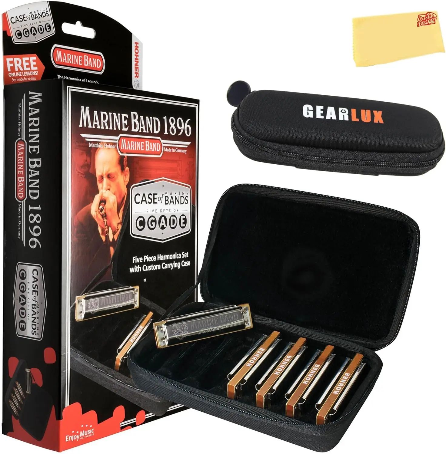 Marine Band 1896 Harmonica - 5 Pack Bundle with Case, Zip pouch, and Austin Bazaar Polishing Cloth