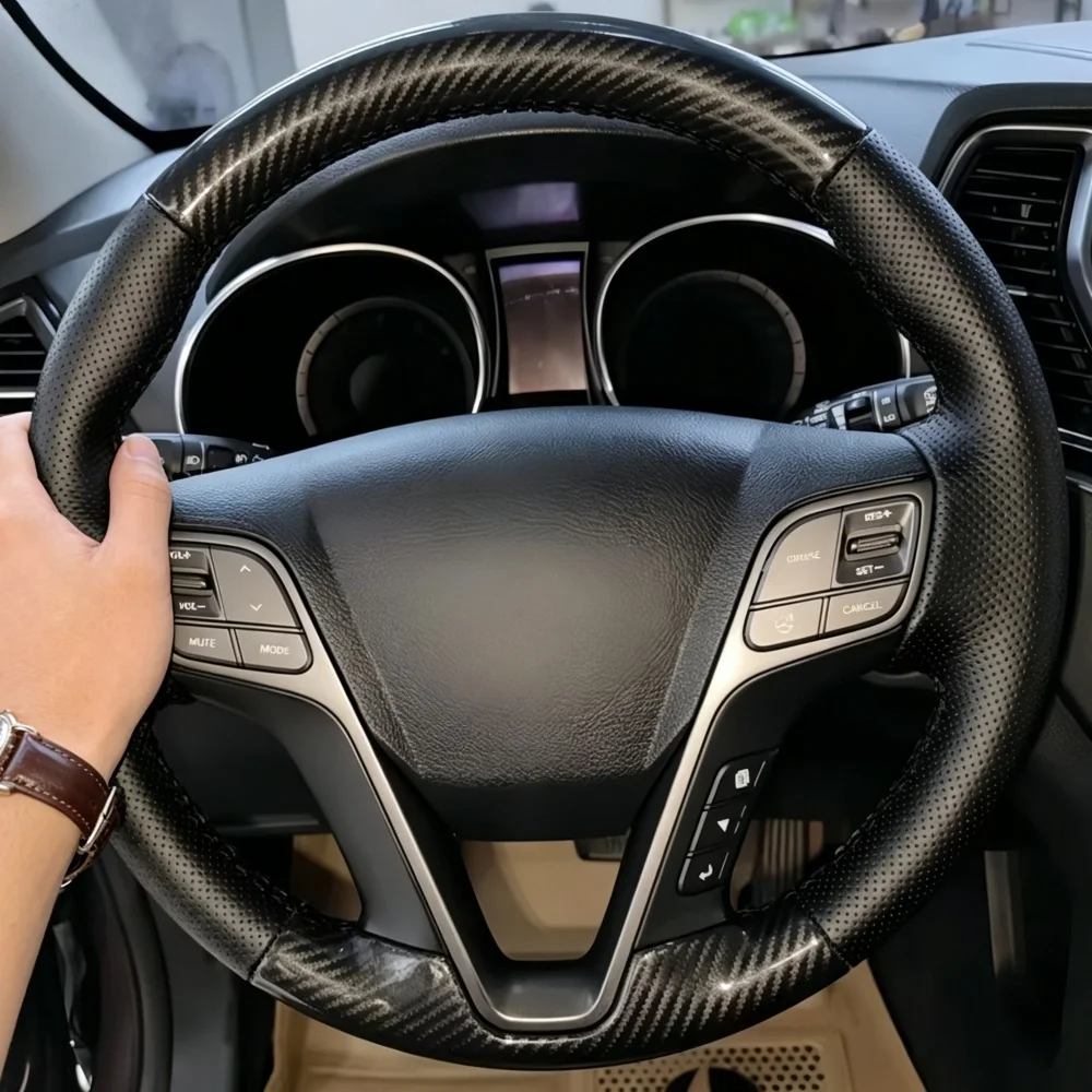 Accesorios Interiores para Auto, Funda de Volante Cosida a Mano en Cuero y Fibra de Carbono para Hyundai ix45 2013-2015, Compatible con Hyundai Santa Fe