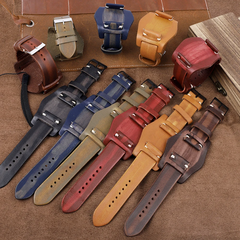 Genuine Leather Watch Band 22mm 24mm 26mm for Fossil Watch Strap with Mat Handmade Stitching Watchband for Men