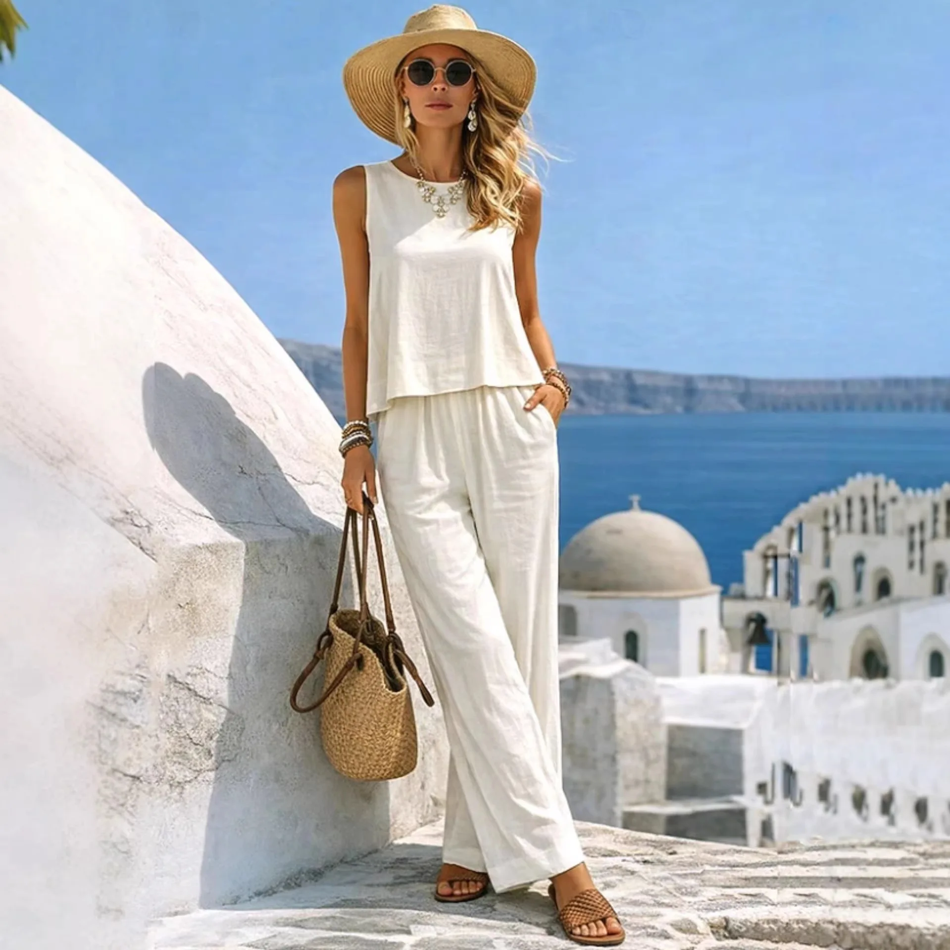 Women's Vacation 2 Piece Outf - Linen Pant Wide ulasan dan harga