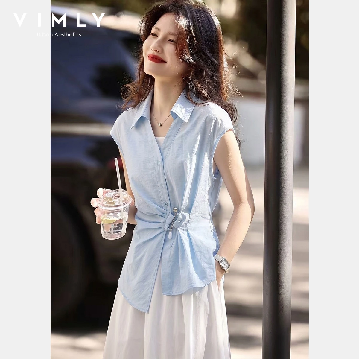 VIMLY Women's Elegant Commuter Blue Sleeveless Shirt 2026 Summer New Waisted Lapel Top Ladies Versatile Clothes 31290