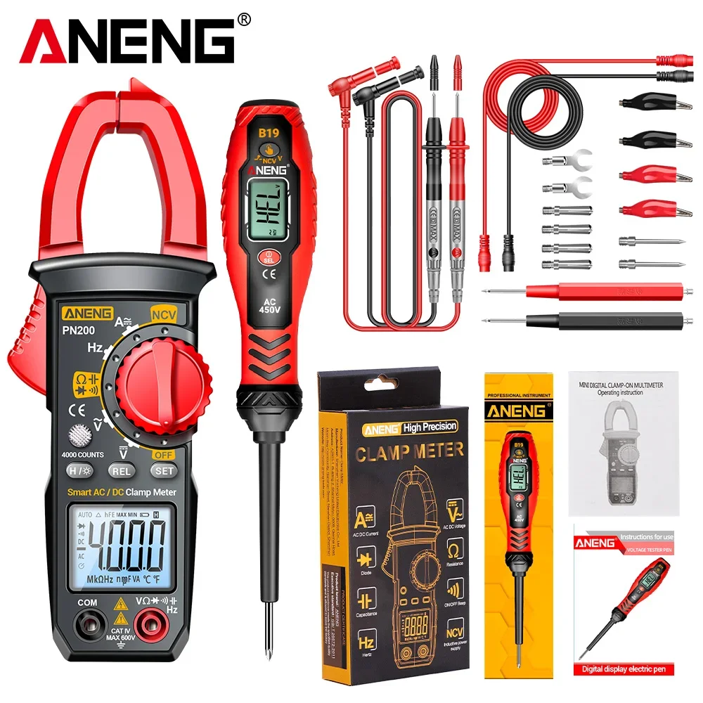 

Цифровой мультиметр-клещи ANENG PN200+B19, бесконтактный тестер напряжения 30-1000В, диагностический прибор для поиска обрывов цепи, тестовые инструменты