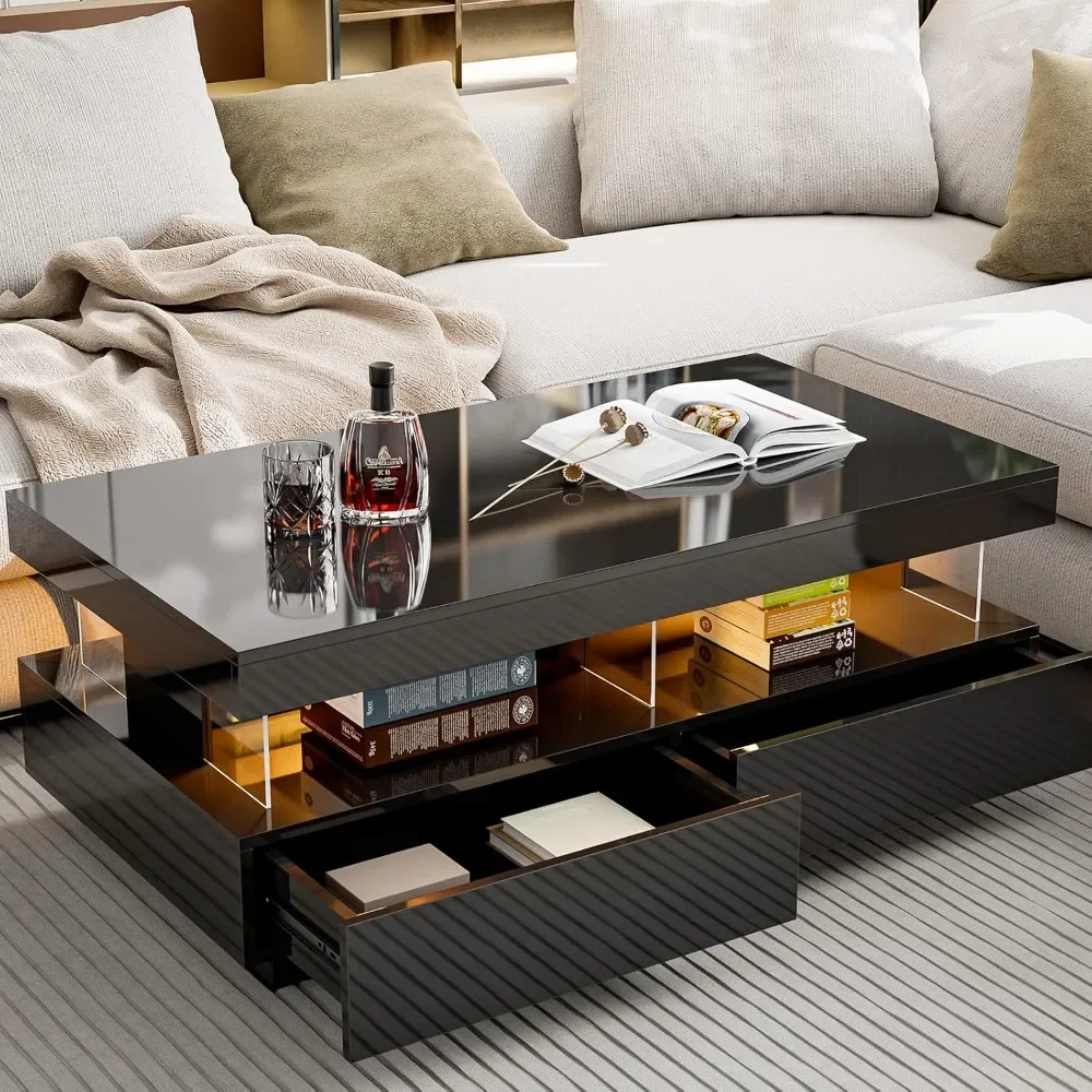 

Modern High Glossy Coffee Table, Black Coffee Table with 2 Storage Drawers and Acrylic Design Open Space, Rectangle Coffee