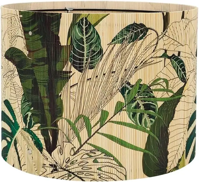 

Bamboo Lampshade, Cylindrical, Translucent Bucket Design, Tropical Green Plants Pattern, 11.8x9.05 Inch, Foldable, Art D