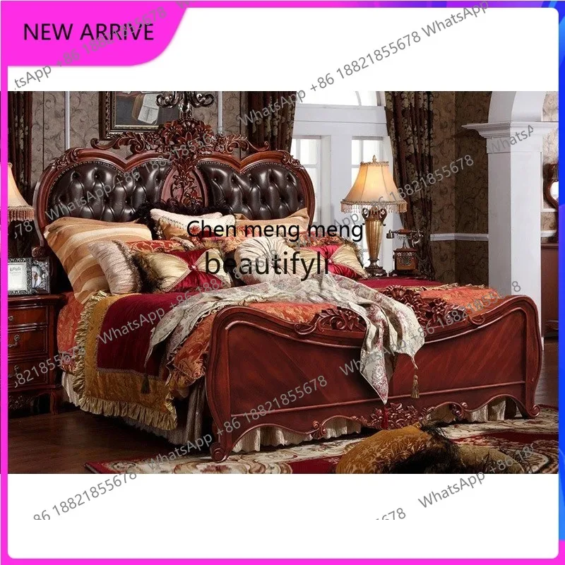 

American light luxury leather bed atmospheric wedding bed European master bedroom solid wood carving flower, double bed H H