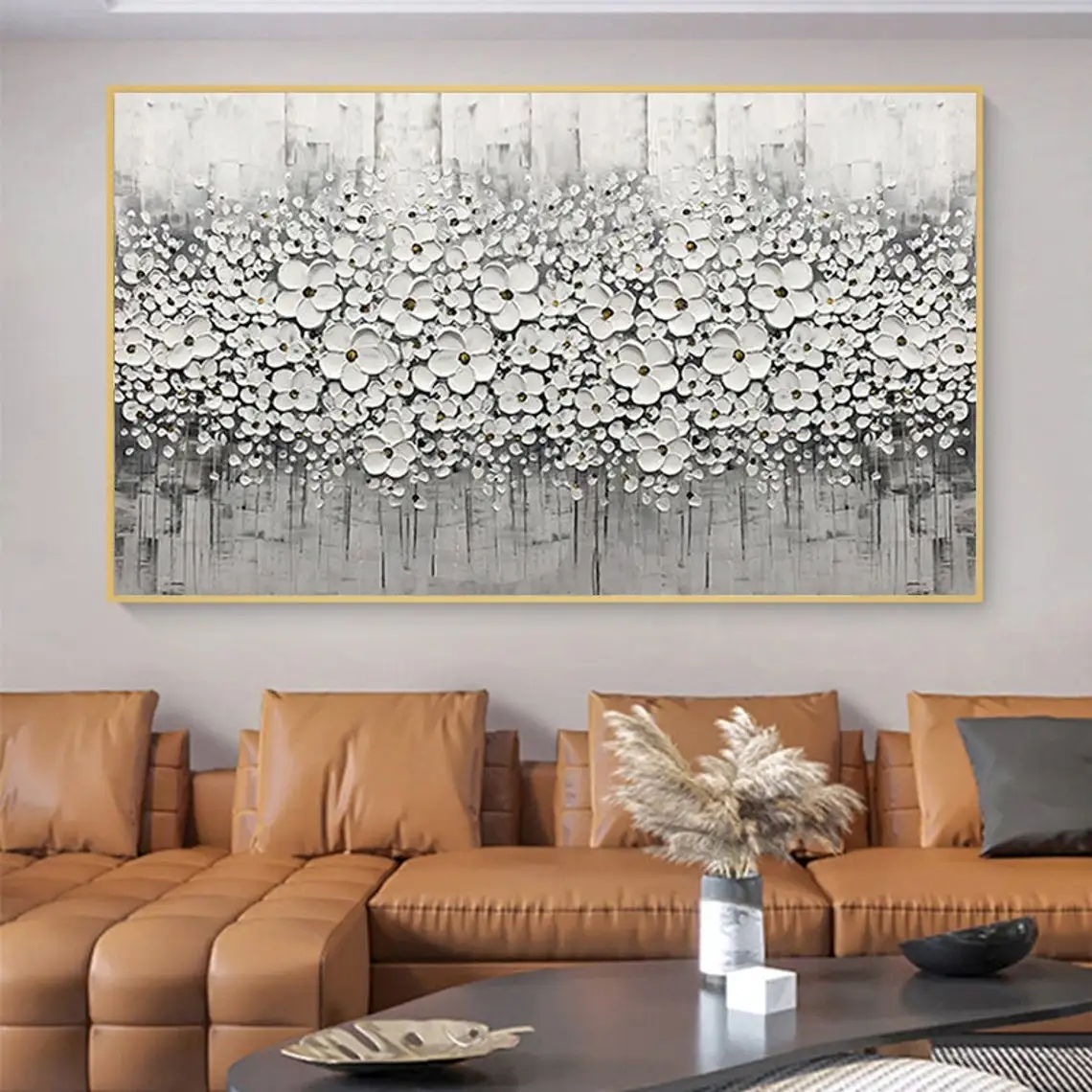 

3D Oil Painting Flower Hand Painted Oil Painting White Cherry Flower Large wall Art Palette Knife Painting Textured Handmade Art